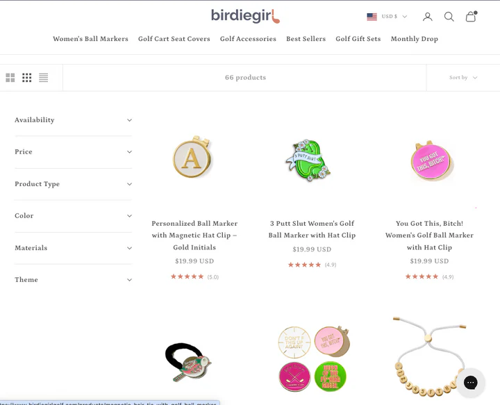 Birdie Girl Golf Website Detail Shop Collections Page