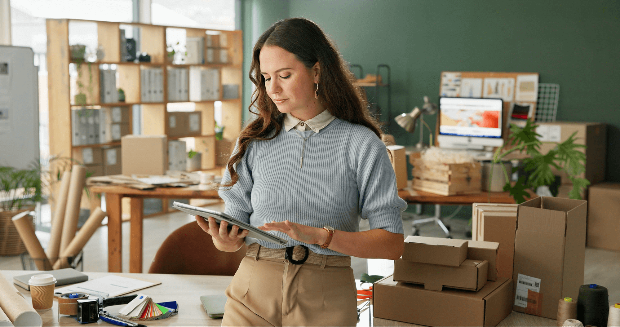 A small business owner stands at a desk using a tablet in a bright, organized workspace filled with shipping boxes, packaging materials, and office supplies. Shelves and a computer are visible in the background, suggesting an e-commerce or creative studio environment.
